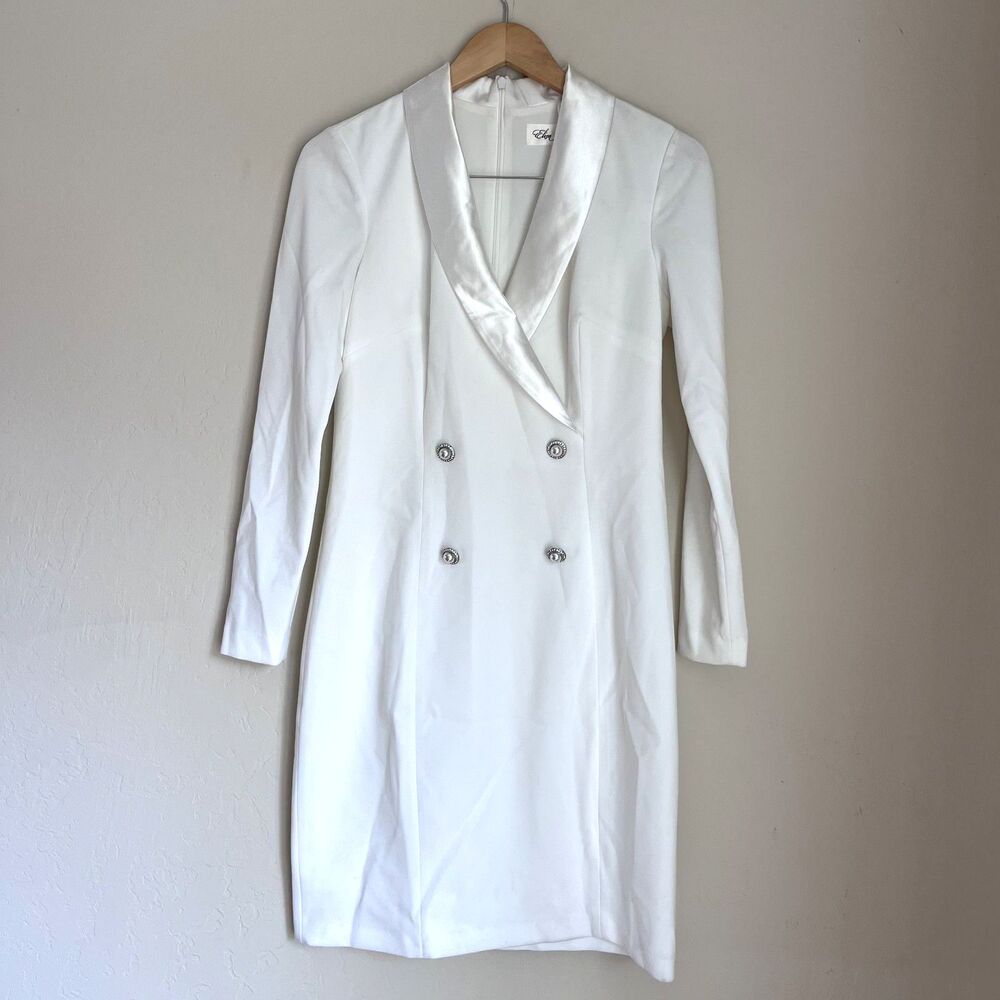 Eliza J White Tuxedo Blazer Dress Size 8 Satin Lapel Double Breasted